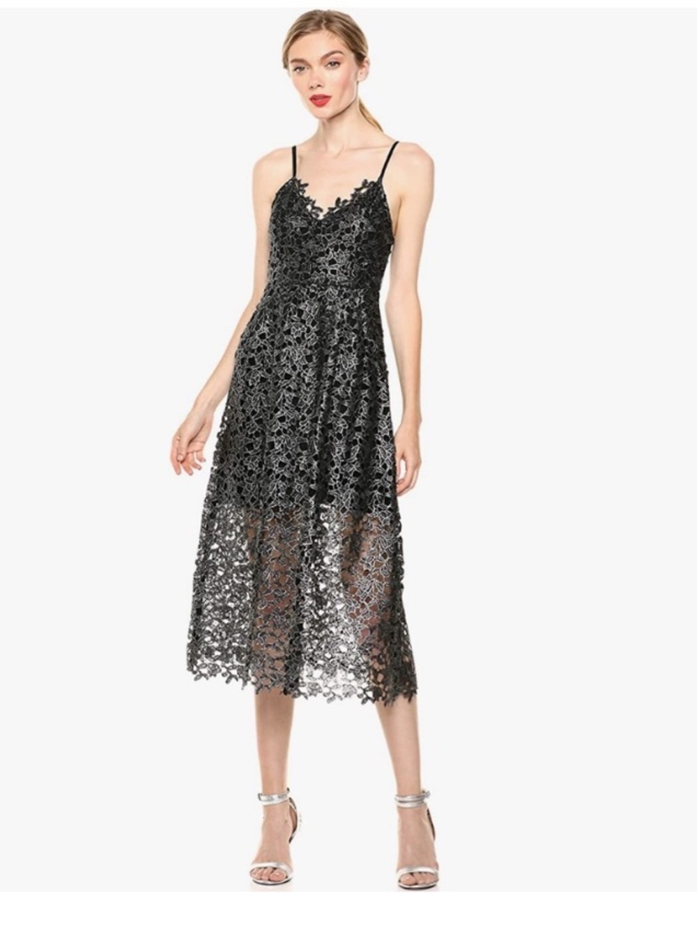 ASTR The Label/Anthropologie Metallic Silver & Black Lace Midi Dress Size M